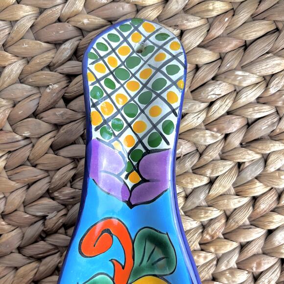 VTG Mexican Talavera Pottery Spoon Rest Colorful Floral Handcrafted Turquoise - Picture 3 of 6